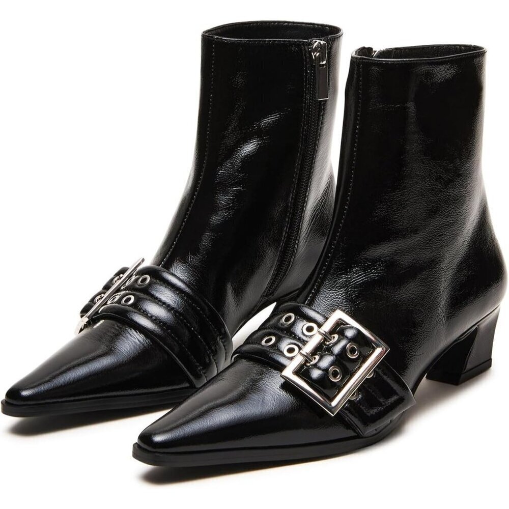 Buckle Black Ankle Boots Kitten Heel Pointed Toe Leather Fashion Dress Booties